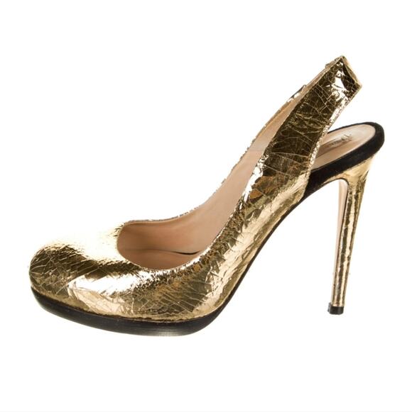 Reed Krakoff Shoes - Reed Krakoff Crackled Gold Stiletto Slingback Platform Pumps size 6 1/2